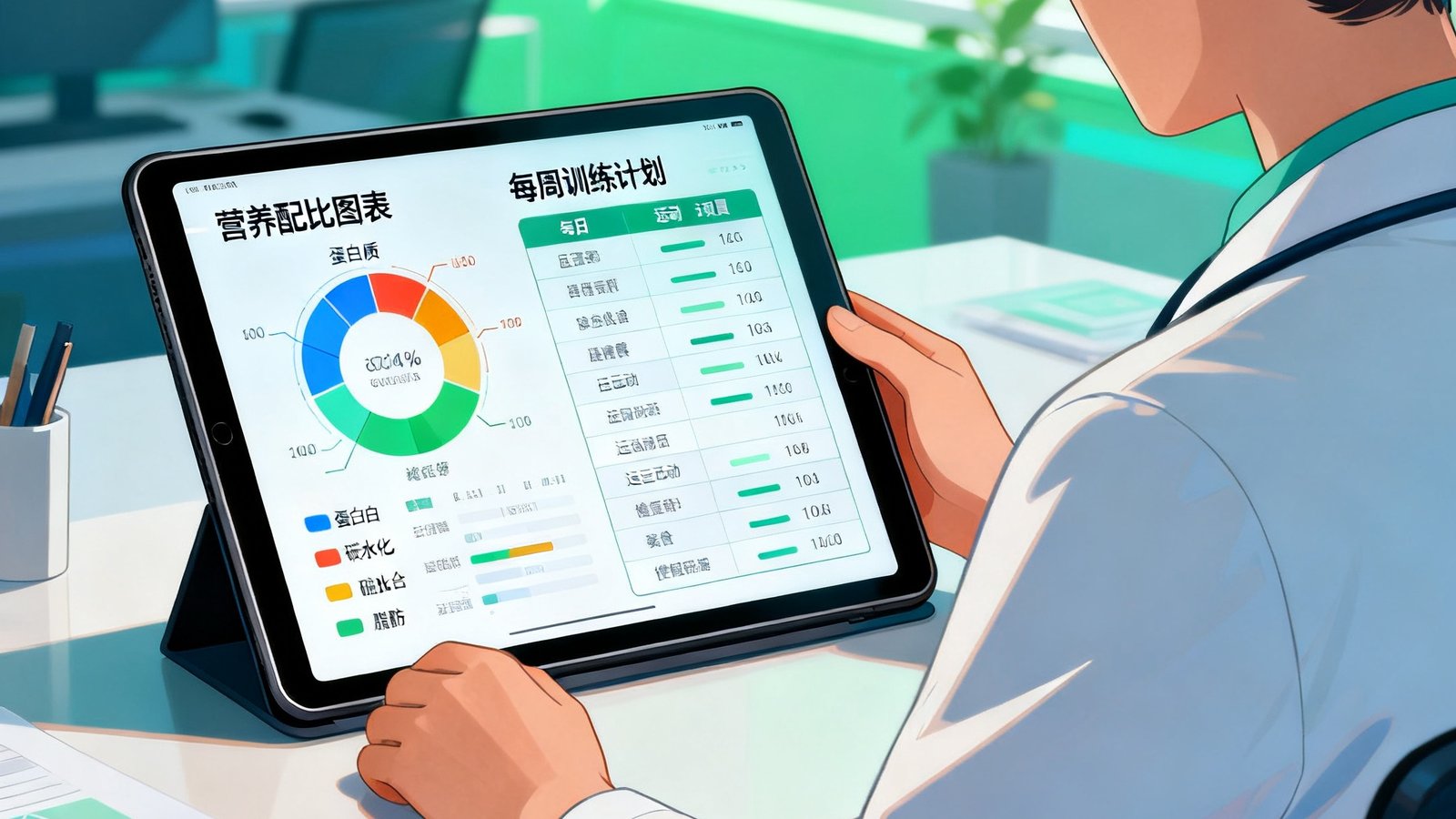 彩神Vll健康管理师在平板电脑上为客户定制个性化膳食与运动方案，屏幕上展示营养配比图表和每周训练计划