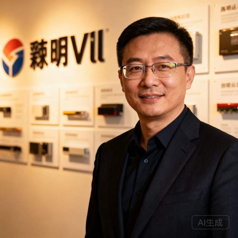 彩神Vll创始人兼CEO陈明远，40岁男性，戴着眼镜，穿着深色西装，背景为公司产品展示墙，神情坚定而亲和