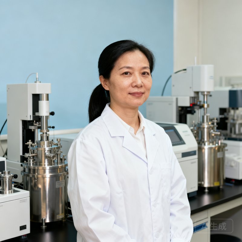 彩神Vll首席技术官林雪薇，35岁女性，扎着马尾，穿着白色实验服站在研发实验室中，身后是各类精密检测仪器