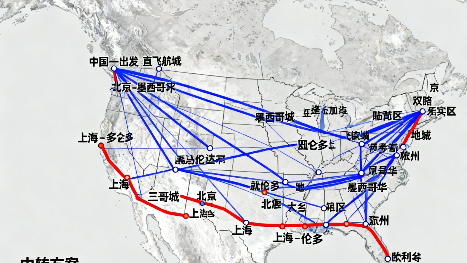 美加墨世界杯16座主办城市之间的主要航线与铁路连接示意图，标注了推荐的中国出发直飞航线和中转方案